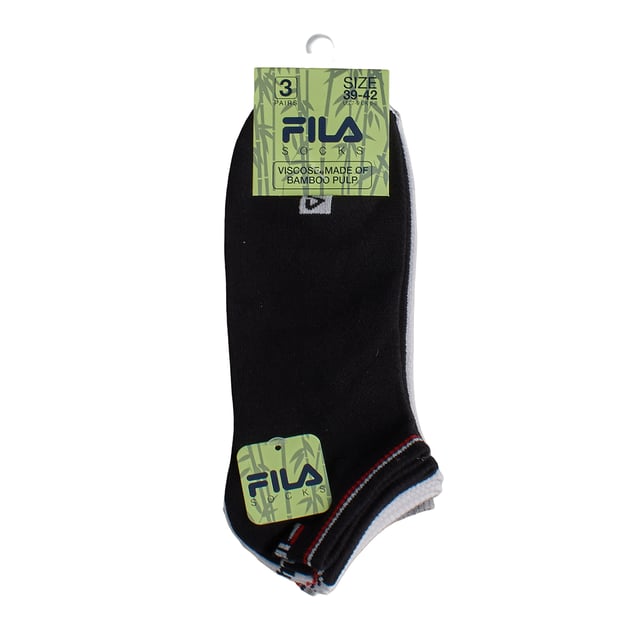 Los calcetines Fila Invisible Bamboo están fabricados con hilos de alta calidad para un gran confort y una larga duración. Flexibles y dotados de una tela elástica al nivel del tobillo, se adaptarán fácilmente a tus pies para estar cómodo durante tus desplazamientos.\n\nDetalles:\n- Tejido de bambú.\n- Diseño deportivo.\n- Logotipo Fila bordado.\n- Corte invisible.\n- Tobillos acanalados.\n- Colores variados.\n- Ideales para deporte o uso casual.\n\nEste pack de calcetines invisibles Fila es la elección perfecta para quienes valoran el confort sin renunciar al estilo. Fabricados con fibra de bambú, ofrecen una textura ultrasuave, transpirabilidad natural y control de olores, ideal para el uso diario.\n Composición: 76% Viscosa, 22% Poliester, 2% Elastano\n Cuidados:\nLavar a máquina a un máximo de 30 °C.\nNo usar lejía ni blanqueadores.\nNo planchar.\nNo lavar en seco.\nSecar al aire o en secadora a baja temperatura.