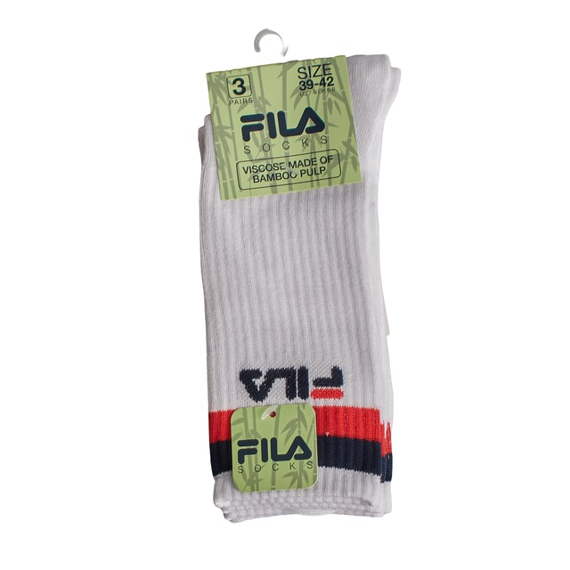 Este pack de calcetines Fila combina un diseño retro con materiales modernos. Su construcción de fibra de bambú ofrece una suavidad extra, transpirabilidad y propiedades antibacterianas naturales, ideal para uso diario.

Detalles:
- Diseño unisex de caña alta.
- Puños acanalados.
- Pack de 3 pares.
- Estilo deportivo con logo bordado de Fila y rayas decorativas en contraste.
- Elaborados con fibra de bambú.
- Alta capacidad de absorción de humedad.
- Costuras suaves.
- Adecuados para combinar con zapatillas, botas o zapatos deportivos.

Una elección perfecta para quienes buscan calcetines de caña alta versátiles, suaves y duraderos, con el valor añadido de una tela sostenible como el bambú y el respaldo de una marca icónica como Fila.
Composición: 62% Viscosa, 32% Poliéster, 4% Elastodieno, 2% Elastano
Cuidado:
Lavado a máquina a un máximo de 30°C.
No usar blanqueador ni blanqueadores.
No planchar.
No limpiar en seco.
Secar al aire o en secadora a baja temperatura.
