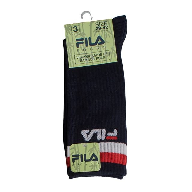 Pack-3 Calcetines Largos Bambú F5506 para Hombre y Mujer Este pack de calcetines Fila combina diseño retro con materiales modernos. Su confección con fibra de bambú ofrece suavidad extra, transpirabilidad y propiedades antibacterianas naturales, ideales para el uso diario.\n\nDetalles:\n- Diseño unisex de caña alta.\n- Puños acanalados.\n- Pack de 3 pares.\n- Estilo deportivo con el logo Fila bordado y franjas decorativas en contraste.\n- Elaborados con fibra de bambú.\n- Alta capacidad de absorción de humedad.\n- Costuras suaves.\n- Aptos para combinar con zapatillas, botas o calzado deportivo.\n\nUna opción perfecta para quienes buscan calcetines altos, versátiles, suaves y duraderos, con el valor añadido de un tejido sostenible como el bambú y el respaldo de una marca icónica como Fila.\n Composición: 62% Viscosa, 32% Poliéster, 4% Elastodieno, 2% Elastano\n Cuidados:\nLavar a máquina a un máximo de 30 °C.\nNo usar lejía ni blanqueadores.\nNo planchar.\nNo lavar en seco.\nSecar al aire o en secadora a baja temperatura.