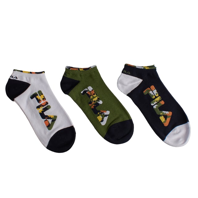Pack-3 Calcetines Invisibles Deportivos F2529 Para Hombre y Mujer Renueva tu cajón de calcetines con este vibrante pack de tres pares de calcetines invisibles Fila, diseñados especialmente para quienes buscan comodidad y un look deportivo moderno. Ideales para acompañarte en tus rutinas diarias, entrenamientos o simplemente para disfrutar de un estilo casual y urbano.\n\nDetalles:\n- De algodón.\n- Diseño deportivo.\n- Logotipo Fila bordado.\n- Corte tobillero, invisible.\n- Puño elástico.\n- Colores variados.\n- Ideales para deporte o uso casual.\n\nEste pack de calcetines invisibles Fila es la elección perfecta para quienes valoran el confort sin renunciar al estilo. Con su diseño atractivo, materiales de calidad y ajuste ideal, son el complemento perfecto para tu día a día activo.\n Composición: 68% Algodón, 31% Poliéster, 1% Elastano\n Cuidados:\nLavar a máquina a un máximo de 30 °C.\nNo usar lejía ni blanqueadores.\nNo planchar.\nNo lavar en seco.\nSecar al aire o en secadora a baja temperatura.