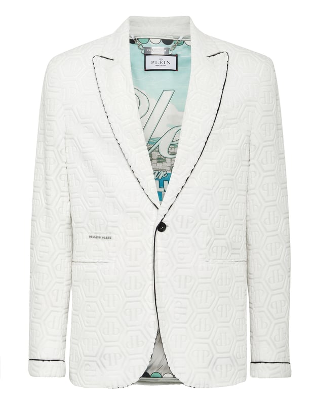 Bringen Sie Schwung in Ihre Garderobe. Sehen Sie sich diesen Abendblazer aus Woll-Canvas an, dessen Details ihn aus der Masse herausstechen lassen.   Schwamm mit Lasermuster   Spitzes Revers   Kontrastierende Paspelierung   Zwei Eingrifftaschen   Doppelter Schlitz   Innenfutter