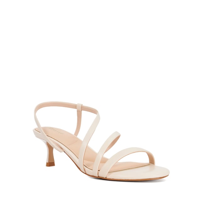 Dune Ladies Movement - Asymmetric Strap Leather Kitten Heel Sandals Designed with delicate asymmetric straps that have been designed to curve and flatter the foot, Movement is the ultimate day through to evening style. Resting on a chic kitten heel the adjustable ankle straps guarantees the perfect fit.