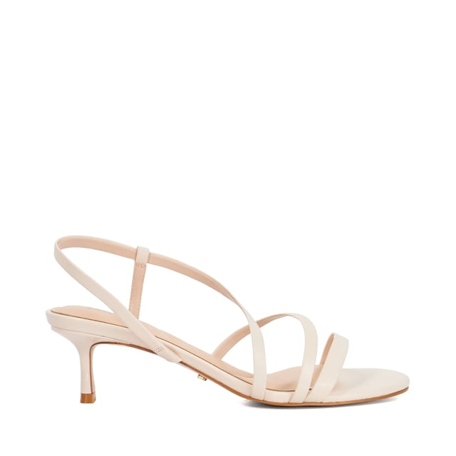 Dune Ladies Movement - Asymmetric Strap Leather Kitten Heel Sandals Designed with delicate asymmetric straps that have been designed to curve and flatter the foot, Movement is the ultimate day through to evening style. Resting on a chic kitten heel the adjustable ankle straps guarantees the perfect fit.