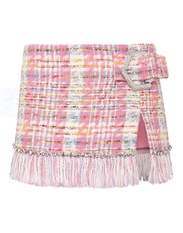 Esta falda es solo para usted. Hemos reinventado el tweed según el estilo de Plein. Mire los detalles.  Tweed de mezcla de algodón  Cinturilla con hebilla en el lateral.  Hendidura en el lado izquierdo  Cierre de cremallera invisible en el lado izquierdo  Dobladillos deshilachados con joyas  Forro interior