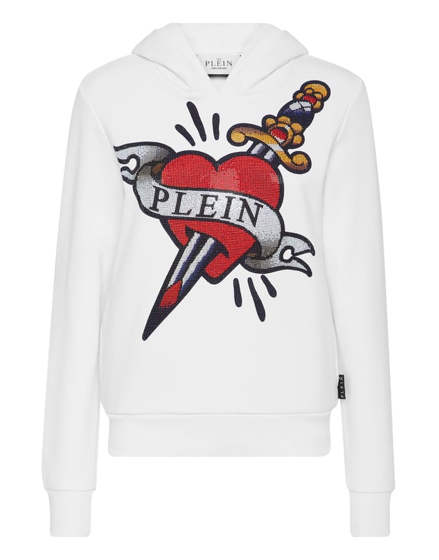 Descubra lo original que es esta sudadera con capucha de forro polar de algodón con estampados y aplicaciones.   Suave forro polar de algodón   Estampados con temática Love Tattoo con pedrería en la parte delantera   Hexágono PP en una insignia de cuero saffiano cosida encima de la capucha    Dos bolsillos con aberturas   Dobladillo de punto elástico   Ajuste: Over