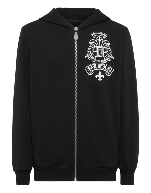 Discover the originality of this hoodie jacket made from a cotton-blend fleece, featuring padded inserts and details.   Soft cotton-blend fleece     Pattern printed at left chest     Zip fastening   Two slit pockets     Logo patch sewn on the hood     Rib knit hems   Fit: Regular