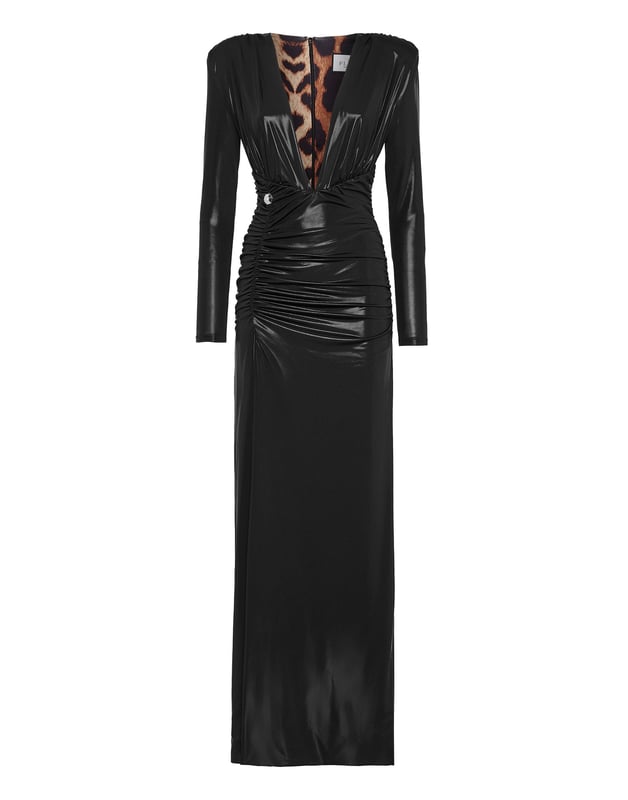 Mit diesem langärmeligen Lamé-Abendkleid verleihen Sie Ihrem Look einen Hauch von Sexy.   Hochglänzendes Stretch-Lamé   Tief ausgeschnittener Ausschnitt an der Taille   Drapierung   Gepolsterte Schultern   Offener Rücken   Unsichtbarer Reißverschluss in der hinteren Mitte   Hoher Seitenschlitz