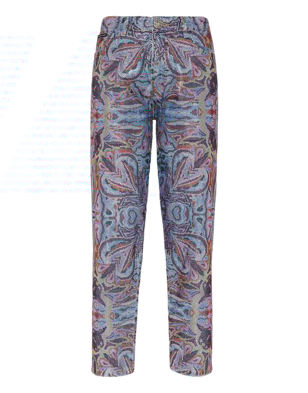 mit Schmucksteinen  Sie wollen auffallen? Dann empfehlen wir Ihnen diese steingewaschene 5-Taschen-Hose aus Denim mit einzigartigen und wertvollen Details. Erfahren Sie mehr.                                                                Steingewaschener Denim mit Kaleidoskop-Druck    Durchgehend farbige Strassstein-Applikationen   PP-Sechseck auf einem auf der rechten Gesäßtasche aufgenähten Saffianleder-Patch   Einzelner Metall-Juwelenknopf   Passform: High Rise Mom