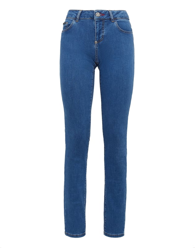 Stretch stone washed denim 5 pocket jeggings. Enkele metalen knoopsluiting.