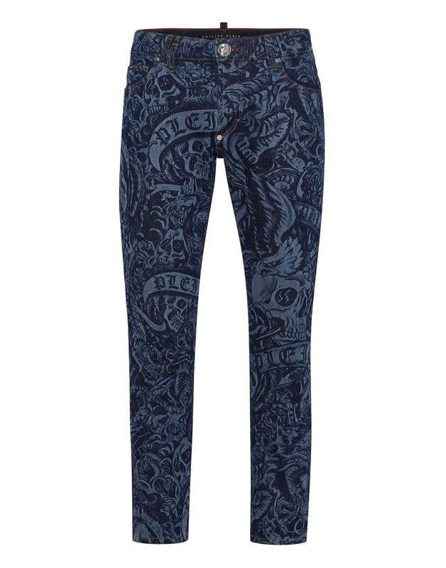 Escape the routine and pick something really unique, like these printed denim 5 pocket pants.                                                                 All over laser printed denim with Tattoo pattern   Patchwork with striking seams   Single metal button   PP Hexagon on a saffian leather badge sewn on the right rear pocket   Fit: Skinny