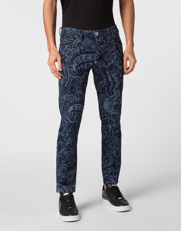 Escape the routine and pick something really unique, like these printed denim 5 pocket pants.                                                                 All over laser printed denim with Tattoo pattern   Patchwork with striking seams   Single metal button   PP Hexagon on a saffian leather badge sewn on the right rear pocket   Fit: Skinny