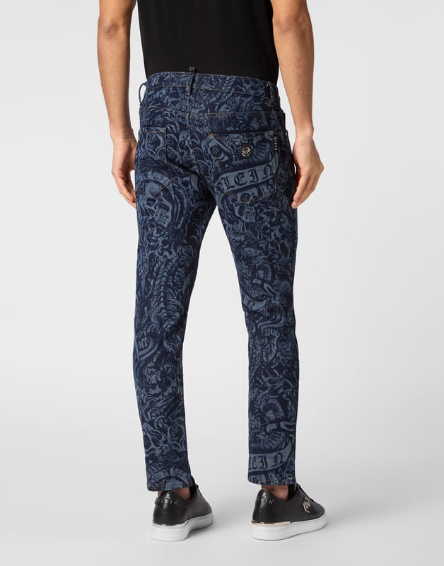 Escape the routine and pick something really unique, like these printed denim 5 pocket pants.                                                                 All over laser printed denim with Tattoo pattern   Patchwork with striking seams   Single metal button   PP Hexagon on a saffian leather badge sewn on the right rear pocket   Fit: Skinny