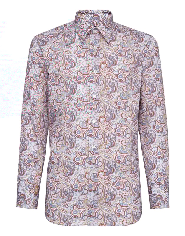 El boteh, más conocido como cachemira o paisley, es un patrón ancestral que evoca imágenes exóticas y que aquí aparece estampado en toda la prenda en esta camisa de popelina de algodón. Cuello camisero pequeño, modelo: Milano. Puños con dos botones. Incluye botones cuadrados de nácar. Corte: Slim/Silver