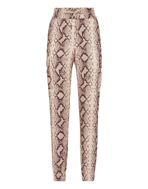 Dare to be edgy with these satin jogging-cut cargo trousers.   Python print satin   Two cargo pockets sewn at legs   Slit pockets   Logoed metal badge on the back   Waistband with stop-cord drawstring   Elasticated hems
