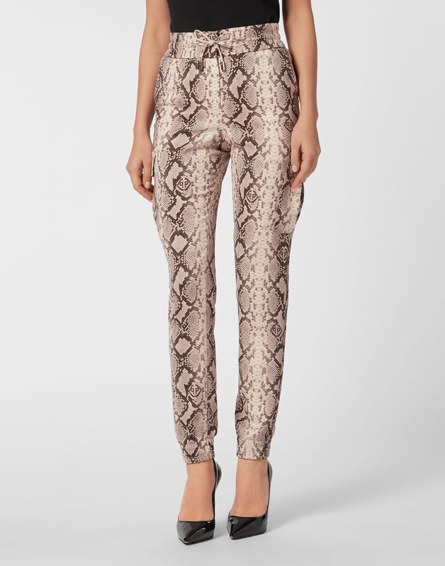 Dare to be edgy with these satin jogging-cut cargo trousers.   Python print satin   Two cargo pockets sewn at legs   Slit pockets   Logoed metal badge on the back   Waistband with stop-cord drawstring   Elasticated hems