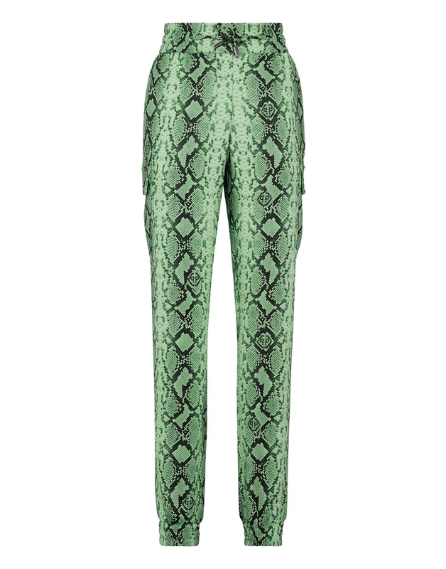 Dare to be edgy with these satin jogging-cut cargo trousers.   Python print satin   Two cargo pockets sewn at legs   Slit pockets   Logoed metal badge on the back   Waistband with stop-cord drawstring   Elasticated hems