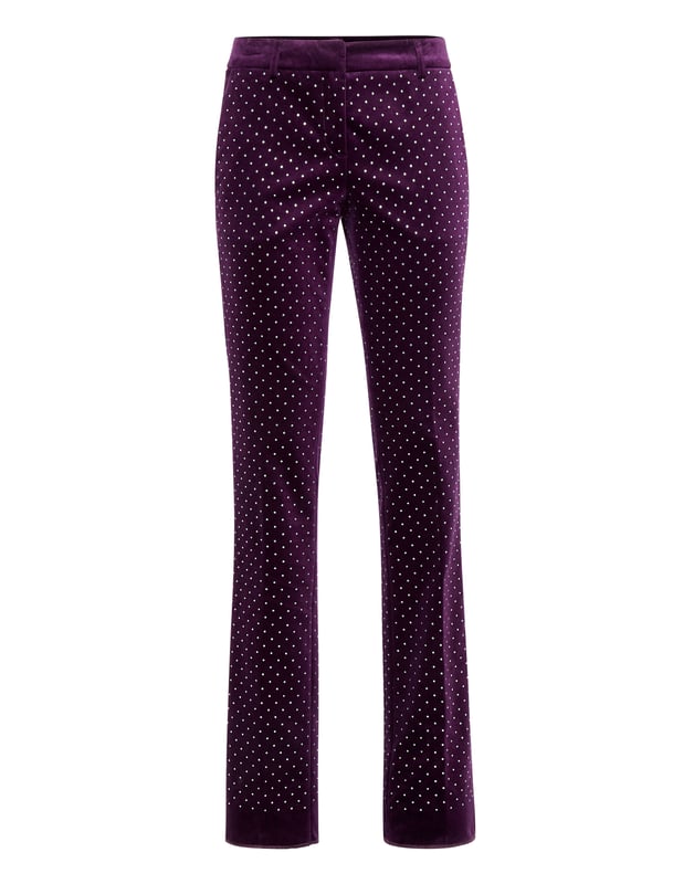 con cristales  ¿Es Usted fan de un look glamuroso? Eche un vistazo a este pantalón de terciopelo de algodón con incrustaciones de pedrería. Descubra nuestra atención a los detalles, como la botonadura oculta en la cintura. Dos bolsillos ribeteados.