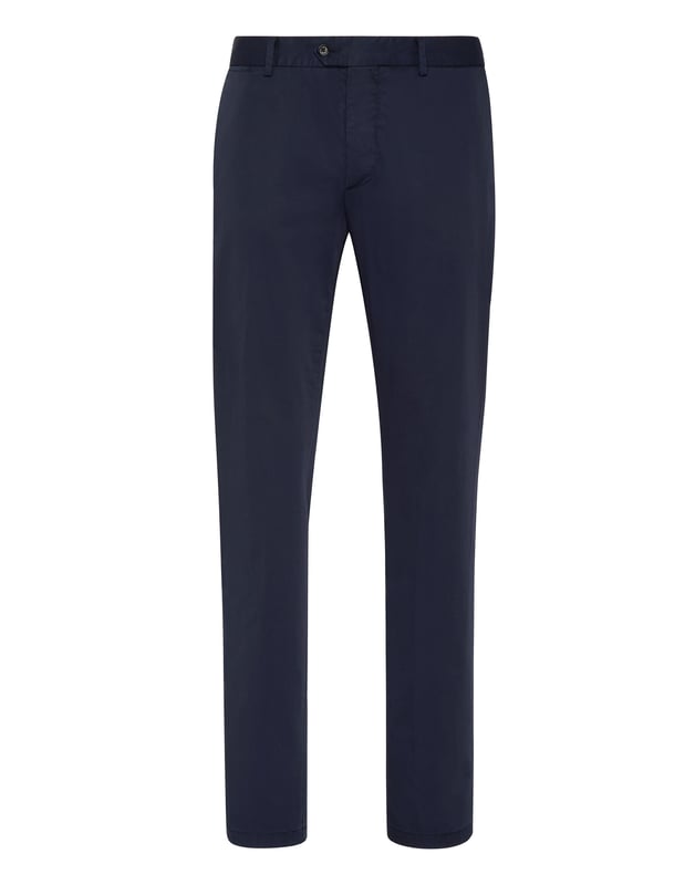 Añade un toque de alta costura Plein a su look. Eche un vistazo a estos chinos elásticos con parte delantera plana y descubre sus características.   Gabardina de algodón elástico   Bolsillos abiertos   Un solo botón   Ajuste: Slim