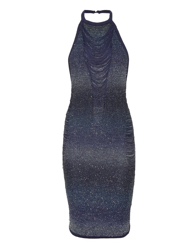 Upgrade your elegance for special times and choose this knit short dress. Check out the details.   Knit stretch blend cotton   Openwork with sequins    Halter neckline embellished with a jewel accessory