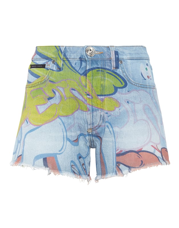 Si quiere ser original, le recomendamos estos pantalones calientes de 5 bolsillos en tejido vaquero lavado a la piedra con un estampado personalizado. Más información.                                                                Tejido vaquero lavado a la piedra usado   Estampado Bombing Graffiti por toda la prenda   Hexágono de PP en un parche de cuero saffiano cosido en el bolsillo trasero derecho   Único botón joya de metal   Corte crudo, dobladillos inferiores deshilachados