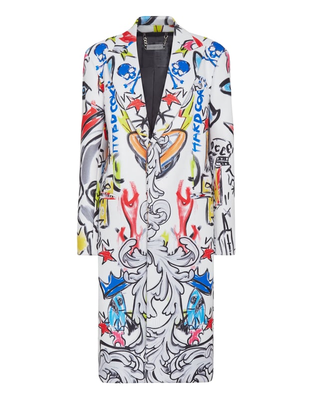Geef je look een vleugje pure originaliteit. Doe het met deze lange overjas van polyester canvas met Graffiti-print. Verborgen knoopsluiting. Twee paspelzakken. Binnenvoering.