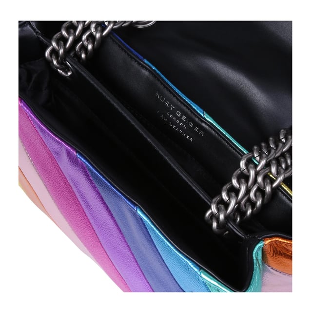 Kurt Geiger London Leather Leather Kensington Bag The Leather Kensington Bag is crafted from soft metallic laminated pebble grain cow leather with iconic rainbow sewn stripe pattern. The antiqued silver Eagle head features rainbow coloured crystals and black crystal eyes on the front flap. 17cm (H), 26cm (L), 8cm (D). Strap drop cross body: 111cm. Strap drop shoulder: 64cm.