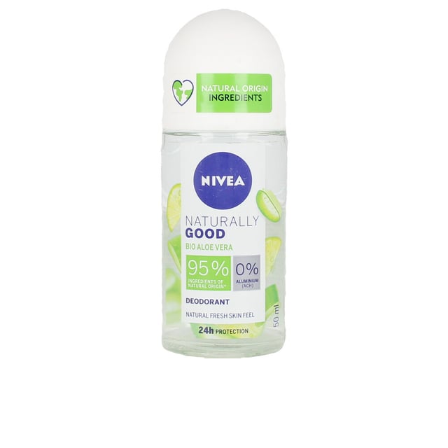 NATURALLY GOOD ALOE VERA roll-on de Nivea es un desodorante que ofrece protección durante 24 horas, cuidando y ofreciendo a las axilas una sensación de frescura natural. Su práctico formato roll-on facilita la aplicación y ayuda a controlar tanto el sudor como los olores desagradables. Su fórmula es vegana y contiene un 95% de ingredientes de origen natural, incluyendo aloe vera, lo que proporciona seguridad y efectividad al producto.