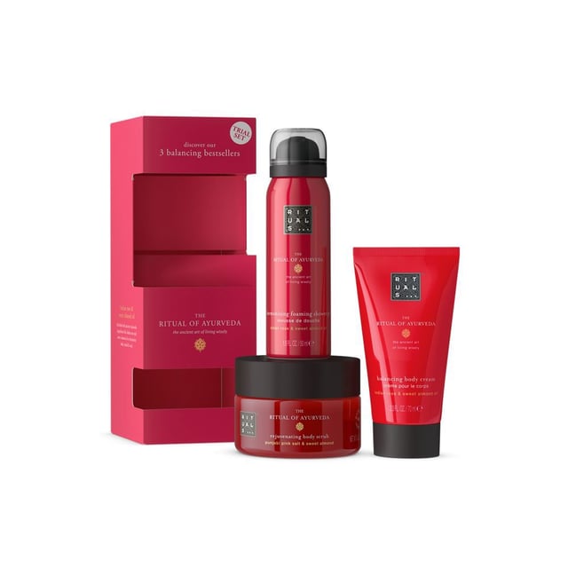 Discover the Rituals Ayurveda Bodycare Gift Set, designed to promote harmony between your body, mind, and soul. This luxurious set includes a 125g Body Scrub, 70ml Body Cream, and 50ml Foaming Shower Gel, each infused with the enchanting scents of Indian rose and sweet almond oil. The Body Scrub gently exfoliates, the Body Cream nourishes for silky softness, and the Foaming Shower Gel cleanses while hydrating your skin. Perfect for self-care or as a thoughtful gift, this set is ideal for anyone seeking a revitalizing bath and body experience.