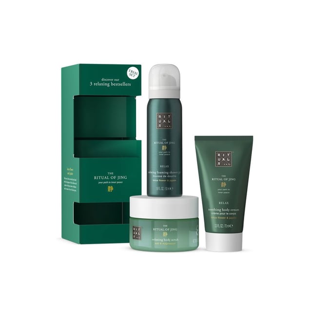 The Ritual of Jing Box is the best way to discover Rituals and is an ideal gift for yourself or someone you love, as it combines three of the best-selling relaxing products: a foaming shower gel, a 93% natural body cream and a 93% natural body scrub.

All of them enriched with the soothing ingredients of lotus and jujube. The salt scrub contains stress-relieving magnesium and a rich blend of oils to completely remove dead cells and moisturize the skin.

Skin types- All skin types