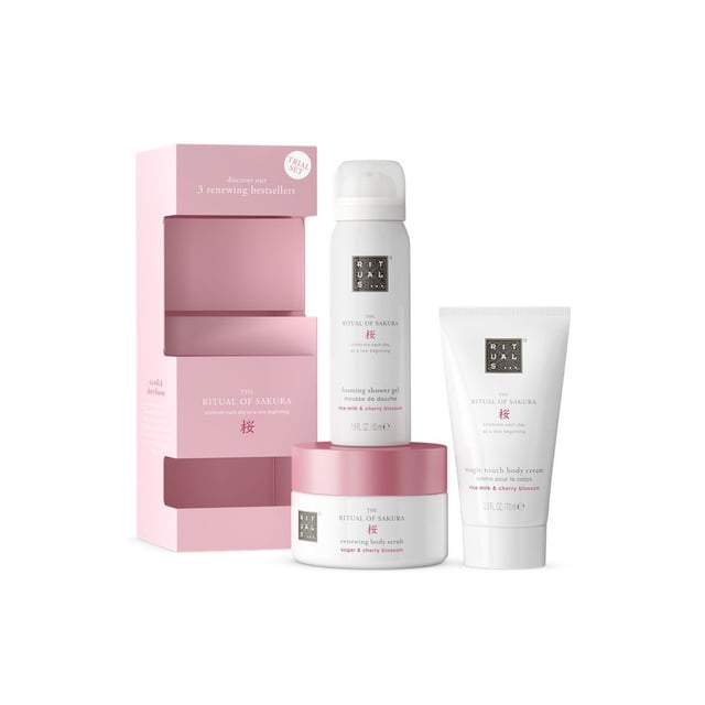 Experience the refreshing beauty of springtime with the Rituals The Ritual Of Sakura Gift Set. Inspired by the fleeting charm of Japanese cherry blossoms, this floral fragrance brings a sense of renewal and serenity to your daily routine. Designed in the Netherlands by the beloved brand Rituals, this unisex fragrance set is perfect for anyone who enjoys a clean, calming scent that awakens the senses and soothes the soul.

The Ritual Of Sakura Gift Set includes three luxurious body care essentials: a silky foaming shower gel, a rich body cream made with 92% natural-origin ingredients, and a rejuvenating sugar body scrub crafted with 91% natural-origin ingredients. These products work together to cleanse, soften, and nourish your skin, while wrapping you in the delicate aroma of Japanese cherry blossom.

Ideal for gifting or treating yourself, this fragrance set is a thoughtful way to turn self-care into a daily ritual. The light floral scent lingers gently, making it suitable for any season and any occasion. Whether you’re starting your morning or winding down at night, let The Ritual Of Sakura uplift your spirit and refresh your body.