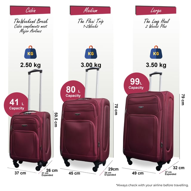 Upgrade uw reisuitrusting met deze stijlvolle en praktische uitbreidbare hardshell-bagage. Gebouwd voor duurzaamheid, extra ruimte en soepele mobiliteit, het is de perfecte metgezel voor elke reis. Kenmerken: • Premium Soft Shell-bescherming - Gemaakt van premium nylon, slagvast materiaal om uw bezittingen te beschermen tegen stoten en vallen. • Geïntegreerd combinatieslot - Elke koffer heeft een ingebouwd slot om uw spullen veilig te houden en tegelijkertijd te voldoen aan de reisbeveiligingsnormen. • Uitbreidbaar ontwerp - Extra ruimte nodig? De uitbreidbare rits voegt tot 20% meer ruimte toe, perfect voor souvenirs of onverwachte extra's. • 4-wiel spinnersysteem - Glijd gemakkelijk door luchthavens dankzij de 360° draaiende wielen die zorgen voor een soepele, stabiele beweging. • Lichtgewicht constructie - Ontworpen om sterk maar toch licht te zijn, waardoor tillen en dragen moeiteloos is zonder in te leveren op duurzaamheid. Afmetingen en specificaties: • Cabine: 50,5 x 37 x 26 cm (uitbreidbaar tot 31 cm) | 2,5 kg | 41L • Medium: 70 x 45 x 29 cm (uitbreidbaar tot 34 cm) | 3,0 kg | 80L • Groot: 79 x 49 x 32 cm (uitbreidbaar tot 37 cm) | 3,5 kg | 99L OPMERKING: Selecteer de gewenste maat, aangezien de maten afzonderlijk worden verkocht en niet als set.