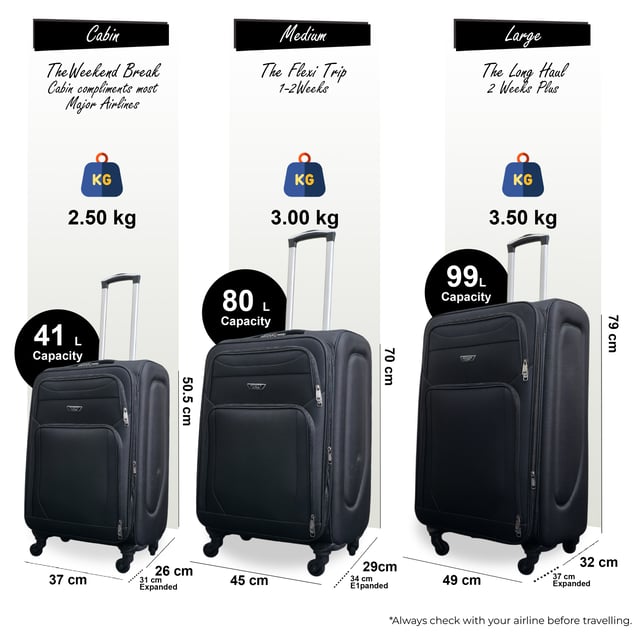 Upgrade your travel setup with this stylish and practical Expandable Hardshell Luggage. Built for durability, added space, and smooth mobility, it’s the perfect companion for any journey.
Features:
•	Premium Soft Shell Protection – Made from Premium Nylon, impact-resistant material to keep your belongings safe from knocks and drops.
•	Integrated Combination Lock – Each case includes a built-in lock to keep your items secure while complying with travel security standards.
•	Expandable Design – Need extra space? The expansion zip adds up to 20% more room, perfect for souvenirs or unexpected extras.
•	4-Wheel Spinner System – Glide through airports with ease thanks to the 360° rotating wheels that offer smooth, stable movement.
•	Lightweight Build – Designed to be strong yet light, making lifting and carrying effortless without sacrificing durability.
Size & Specifications:
•	Cabin: 50.5 x 37 x 26 cm (Expands to 31 cm) | 2.5 kg | 41L
•	Medium: 70 x 45 x 29 cm (Expands to 34 cm) | 3.0 kg | 80L
•	Large: 79 x 49 x 32 cm (Expands to 37 cm) | 3.5 kg | 99L

NOTE: Please select prefered size, as sizes are sold individually not in a set