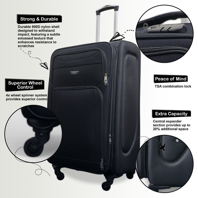 Upgrade your travel setup with this stylish and practical Expandable Hardshell Luggage. Built for durability, added space, and smooth mobility, it’s the perfect companion for any journey.
Features:
•	Premium Soft Shell Protection – Made from Premium Nylon, impact-resistant material to keep your belongings safe from knocks and drops.
•	Integrated Combination Lock – Each case includes a built-in lock to keep your items secure while complying with travel security standards.
•	Expandable Design – Need extra space? The expansion zip adds up to 20% more room, perfect for souvenirs or unexpected extras.
•	4-Wheel Spinner System – Glide through airports with ease thanks to the 360° rotating wheels that offer smooth, stable movement.
•	Lightweight Build – Designed to be strong yet light, making lifting and carrying effortless without sacrificing durability.
Size & Specifications:
•	Cabin: 50.5 x 37 x 26 cm (Expands to 31 cm) | 2.5 kg | 41L
•	Medium: 70 x 45 x 29 cm (Expands to 34 cm) | 3.0 kg | 80L
•	Large: 79 x 49 x 32 cm (Expands to 37 cm) | 3.5 kg | 99L

NOTE: Please select prefered size, as sizes are sold individually not in a set