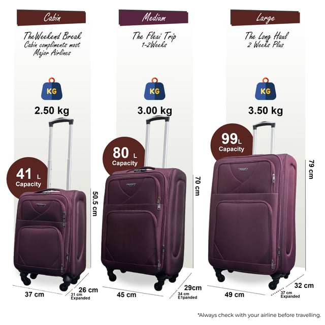 Upgrade your travel setup with this stylish and practical Expandable Hardshell Luggage. Built for durability, added space, and smooth mobility, it’s the perfect companion for any journey.
Features:
•	Premium Soft Shell Protection – Made from Premium Nylon, impact-resistant material to keep your belongings safe from knocks and drops.
•	Integrated Combination Lock – Each case includes a built-in lock to keep your items secure while complying with travel security standards.
•	Expandable Design – Need extra space? The expansion zip adds up to 20% more room, perfect for souvenirs or unexpected extras.
•	4-Wheel Spinner System – Glide through airports with ease thanks to the 360° rotating wheels that offer smooth, stable movement.
•	Lightweight Build – Designed to be strong yet light, making lifting and carrying effortless without sacrificing durability.
Size & Specifications:
•	Cabin: 50.5 x 37 x 26 cm (Expands to 31 cm) | 2.5 kg | 41L
•	Medium: 70 x 45 x 29 cm (Expands to 34 cm) | 3.0 kg | 80L
•	Large: 79 x 49 x 32 cm (Expands to 37 cm) | 3.5 kg | 99L

NOTE: Please select prefered size, as sizes are sold individually not in a set