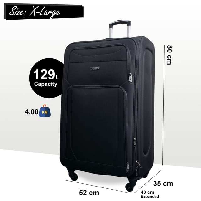 Upgrade your travel setup with this stylish and practical Expandable Hardshell X-Large Luggage. Built for durability, added space, and smooth mobility, it’s the perfect companion for any journey.
Features:
•	Premium Soft Shell Protection – Made from Premium Nylon, impact-resistant material to keep your belongings safe from knocks and drops.
•	Integrated Combination Lock – Each case includes a built-in lock to keep your items secure while complying with travel security standards.
•	Expandable Design – Need extra space? The expansion zip adds up to 20% more room, perfect for souvenirs or unexpected extras.
•	4-Wheel Spinner System – Glide through airports with ease thanks to the 360° rotating wheels that offer smooth, stable movement.
•	Lightweight Build – Designed to be strong yet light, making lifting and carrying effortless without sacrificing durability.
Size & Specifications:
• X-Large: 80 x 52 x 35 cm (Expands to 40 cm) | 4.0 kg | 129L
Stylish, secure, and built to handle every adventure—travel lighter and smarter with this all-in-one luggage solution.
