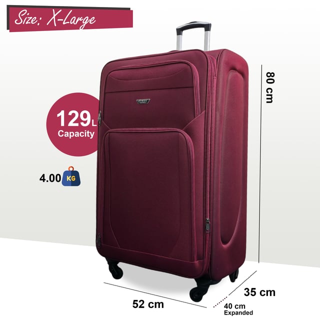 Upgrade your travel setup with this stylish and practical Expandable Hardshell X-Large Luggage. Built for durability, added space, and smooth mobility, it’s the perfect companion for any journey.
Features:
•	Premium Soft Shell Protection – Made from Premium Nylon, impact-resistant material to keep your belongings safe from knocks and drops.
•	Integrated Combination Lock – Each case includes a built-in lock to keep your items secure while complying with travel security standards.
•	Expandable Design – Need extra space? The expansion zip adds up to 20% more room, perfect for souvenirs or unexpected extras.
•	4-Wheel Spinner System – Glide through airports with ease thanks to the 360° rotating wheels that offer smooth, stable movement.
•	Lightweight Build – Designed to be strong yet light, making lifting and carrying effortless without sacrificing durability.
Size & Specifications:
• X-Large: 80 x 52 x 35 cm (Expands to 40 cm) | 4.0 kg | 129L
Stylish, secure, and built to handle every adventure—travel lighter and smarter with this all-in-one luggage solution.