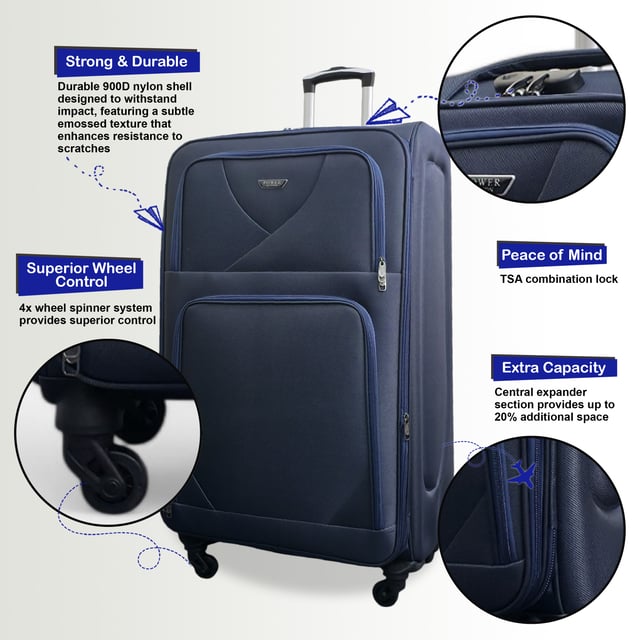 Soft Shell Lightweight Nylon Extra Large 4 Wheels Travel Suitcase Upgrade your travel setup with this stylish and practical Expandable Hardshell X-Large Luggage. Built for durability, added space, and smooth mobility, it’s the perfect companion for any journey.
Features:
• Premium Soft Shell Protection – Made from Premium Nylon, impact-resistant material to keep your belongings safe from knocks and drops.
• Integrated Combination Lock – Each case includes a built-in lock to keep your items secure while complying with travel security standards.
• Expandable Design – Need extra space? The expansion zip adds up to 20% more room, perfect for souvenirs or unexpected extras.
• 4-Wheel Spinner System – Glide through airports with ease thanks to the 360° rotating wheels that offer smooth, stable movement.
• Lightweight Build – Designed to be strong yet light, making lifting and carrying effortless without sacrificing durability.
Size & Specifications:
• X-Large: 80 x 52 x 35 cm (Expands to 40 cm) | 4.0 kg | 129L
Stylish, secure, and built to handle every adventure—travel lighter and smarter with this all-in-one luggage solution.