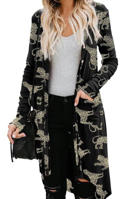Black printed animal print design
  Ribbed knit texture
  Comfortable fit for layering
  High
  quality materials
  Versatile design for easy pairing