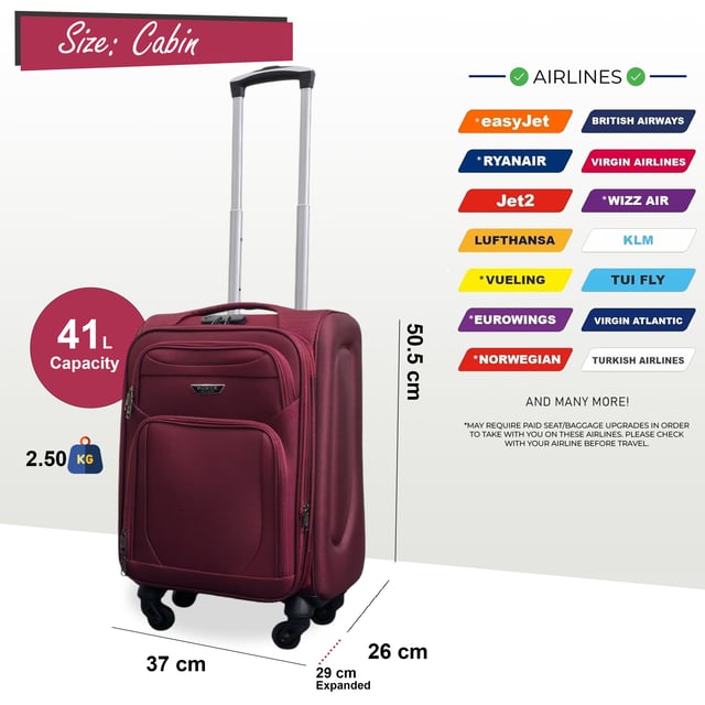 Upgrade your travel setup with this stylish and practical Expandable Hardshell Cabin Luggage, complete with a compact Underseat option. Built for durability, added space, and smooth mobility, it’s the perfect companion for any journey.
Features:
•	Premium Soft Shell Protection – Made from Premium Nylon, impact-resistant material to keep your belongings safe from knocks and drops.
•	Integrated Combination Lock – Each case includes a built-in lock to keep your items secure while complying with travel security standards.
•	Expandable Design – Need extra space? The expansion zip adds up to 20% more room, perfect for souvenirs or unexpected extras.
•	4-Wheel Spinner System – Glide through airports with ease thanks to the 360° rotating wheels that offer smooth, stable movement.
•	Lightweight Build – Designed to be strong yet light, making lifting and carrying effortless without sacrificing durability.
Size & Specifications:
• Cabin: 50.5 x 37 x 26 cm (Expands to 31 cm) | 2.5 kg | 41L
Stylish, secure, and built to handle every adventure—travel lighter and smarter with this all-in-one luggage solution.