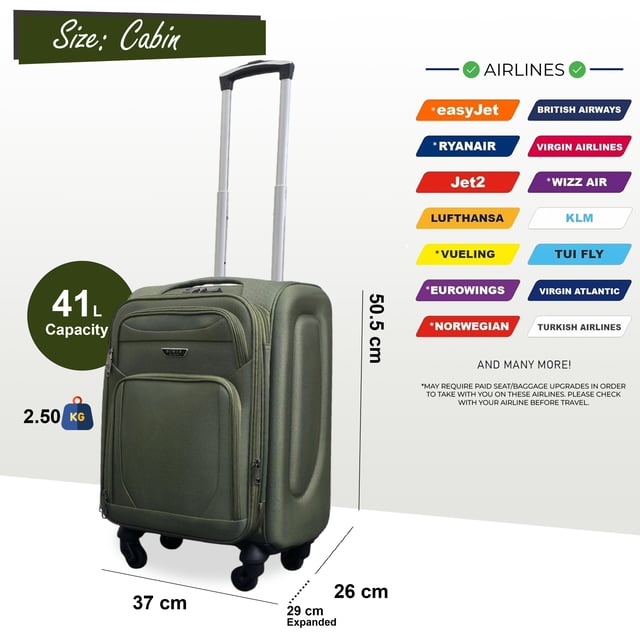 Upgrade your travel setup with this stylish and practical Expandable Hardshell Cabin Luggage, complete with a compact Underseat option. Built for durability, added space, and smooth mobility, it’s the perfect companion for any journey.
Features:
•	Premium Soft Shell Protection – Made from Premium Nylon, impact-resistant material to keep your belongings safe from knocks and drops.
•	Integrated Combination Lock – Each case includes a built-in lock to keep your items secure while complying with travel security standards.
•	Expandable Design – Need extra space? The expansion zip adds up to 20% more room, perfect for souvenirs or unexpected extras.
•	4-Wheel Spinner System – Glide through airports with ease thanks to the 360° rotating wheels that offer smooth, stable movement.
•	Lightweight Build – Designed to be strong yet light, making lifting and carrying effortless without sacrificing durability.
Size & Specifications:
• Cabin: 50.5 x 37 x 26 cm (Expands to 31 cm) | 2.5 kg | 41L
Stylish, secure, and built to handle every adventure—travel lighter and smarter with this all-in-one luggage solution.