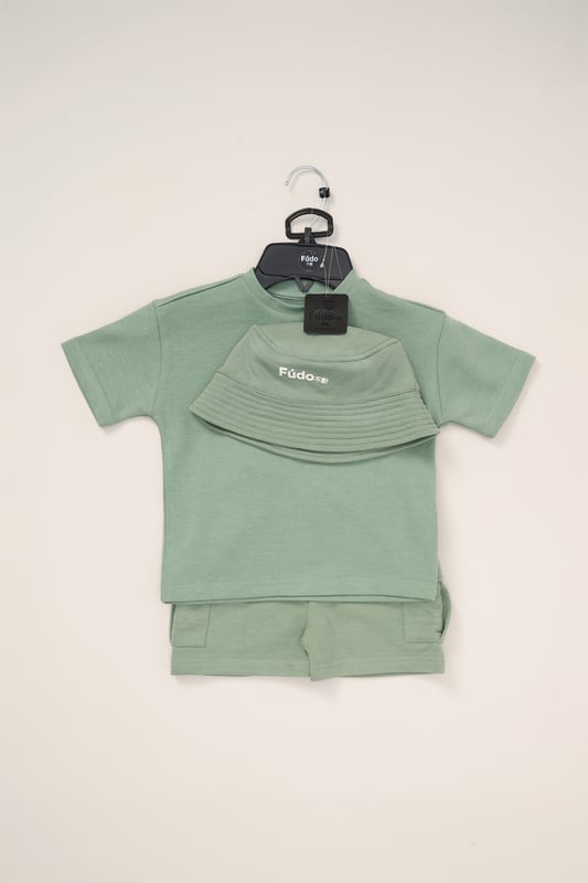 This stylish 3-Piece outfit set from Fudo includes a short-sleeve t-shirt, shorts, and a matching bucket hat. The t-shirt and hat feature a bold Fudo logo on the front, while the back of the tee showcases a large graphic palm tree print for a statement look. The shorts are designed with mesh panel details and two side pockets, perfect for laid-back, everyday style.