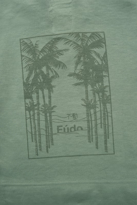 This stylish 3-Piece outfit set from Fudo includes a short-sleeve t-shirt, shorts, and a matching bucket hat. The t-shirt and hat feature a bold Fudo logo on the front, while the back of the tee showcases a large graphic palm tree print for a statement look. The shorts are designed with mesh panel details and two side pockets, perfect for laid-back, everyday style.