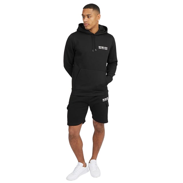 Introducing this matching hoody and jogger set from Brave Soul, the newest addition to your wardrobe. The overhead hoodie features ribbed elasticated cuffs and hem, hood with drawstring and kangaroo pocket, while the matching fleece shorts has an elasticated waist with cargo pockets and side welt pockets. Team with a pair of trainers to complete your casual look making it the ultimate everyday outfit. Model wears UK size M.