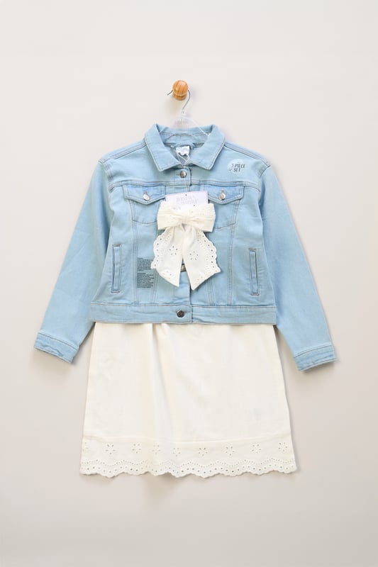 This floaty broderie dress by Miss, featuring delicate crochet panel detailing, is a versatile wardrobe must-have. Paired with a matching bow hair clip and finished with a classic denim jacket, it's perfect for breezy days and stylish outings.