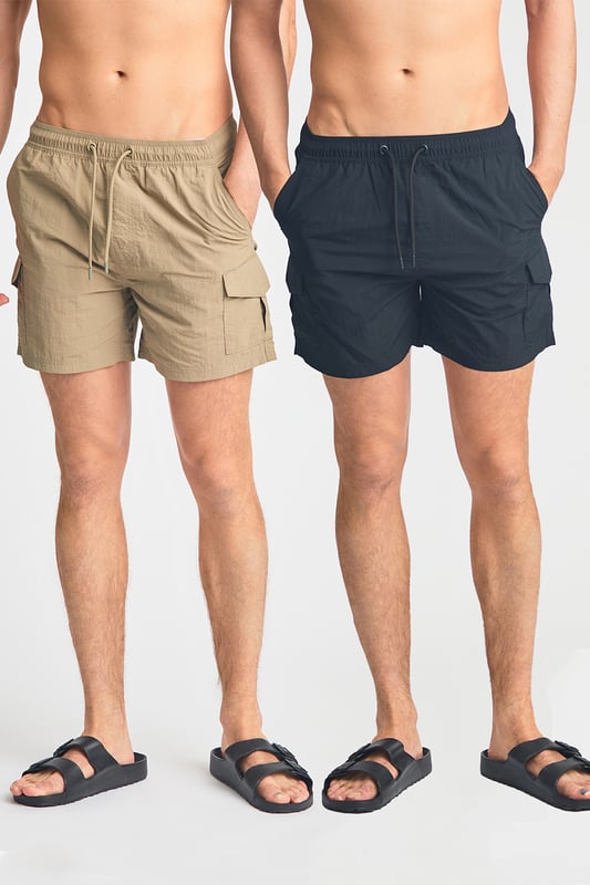 This two pack of combat, cargo-style swim shorts from French Connection are perfect for the beach or by the pool. Each swim short features an elasticated waistband with a drawcord, two side pockets and two cargo-style pockets. Made from quick-drying, polyester with mesh liner. This pack contains two swim shorts in black and khaki.