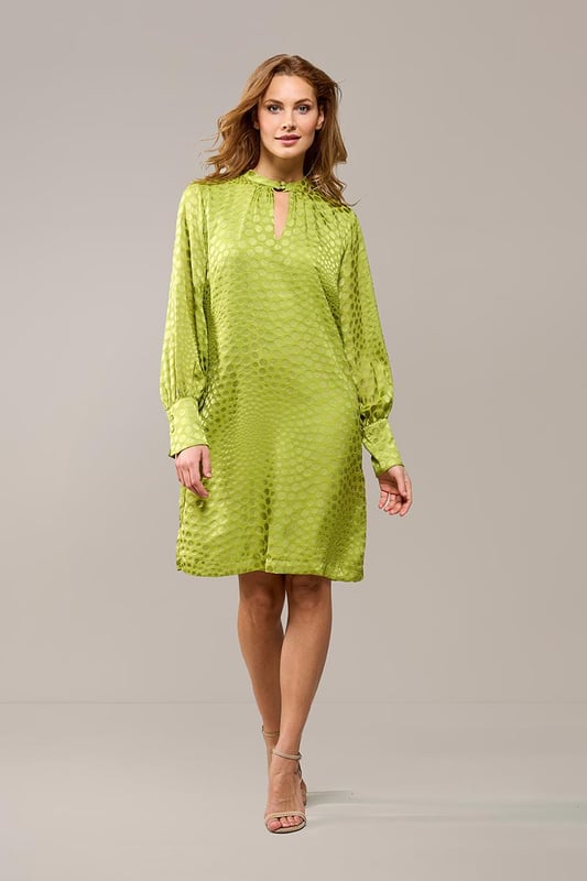 Kies dit seizoen voor de opvallende Abilene-jurk in knalgroen. Deze elegante jurk is voorzien van een uniek stippenmotief op een semi-transparante stof, wat een verfijnde uitstraling geeft. Het ontwerp is verrijkt met een opstaande kraag en een subtiele keyhole-opening aan zowel de voor- als achterkant. De brede manchetten en lange ballonmouwen zorgen voor een speelse, maar stijlvolle touch. De jurk valt tot op de knie en heeft een comfortabele, ruimvallende pasvorm. Het glanzende stippenmotief voegt een echte designeruitstraling toe, waardoor je zeker opvalt. Overdag combineer je deze jurk perfect met witte sneakers, terwijl een kleurrijke hak de perfecte keuze is voor een zomers diner. Wil je variatie? Voeg een ceintuur toe om een mooi zandloperfiguur te creëren, of draag de jurk losjes voor extra comfort. Fashiontip: Bekijk ook de zwarte variant van deze jurk, of combineer de groene blousevariant met een wijde jeans voor een casual-chique look!