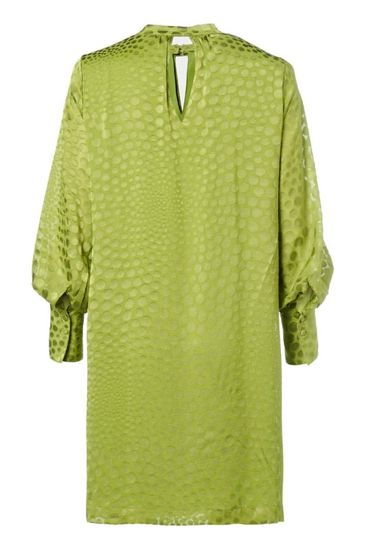 Kies dit seizoen voor de opvallende Abilene-jurk in knalgroen. Deze elegante jurk is voorzien van een uniek stippenmotief op een semi-transparante stof, wat een verfijnde uitstraling geeft. Het ontwerp is verrijkt met een opstaande kraag en een subtiele keyhole-opening aan zowel de voor- als achterkant. De brede manchetten en lange ballonmouwen zorgen voor een speelse, maar stijlvolle touch. De jurk valt tot op de knie en heeft een comfortabele, ruimvallende pasvorm. Het glanzende stippenmotief voegt een echte designeruitstraling toe, waardoor je zeker opvalt. Overdag combineer je deze jurk perfect met witte sneakers, terwijl een kleurrijke hak de perfecte keuze is voor een zomers diner. Wil je variatie? Voeg een ceintuur toe om een mooi zandloperfiguur te creëren, of draag de jurk losjes voor extra comfort. Fashiontip: Bekijk ook de zwarte variant van deze jurk, of combineer de groene blousevariant met een wijde jeans voor een casual-chique look!