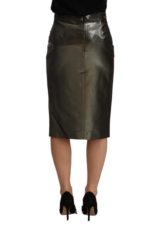Brand: GF FERRE
  Condition: Brand new with tags
  Style: High waist pencil cut midi skirt
  Fit: Regular
  Color: Metallic Grey
  Closure: Zipper
  Made in Italy
  Material: 49% Acetate 41% Viscose 10% Polyester
  Lining: 50% Acetate 50% Viscose