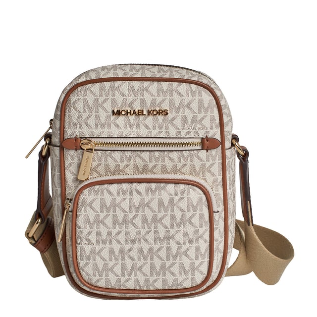 Ideal for travel and city walks, this crossbody bag features our signature logo print and features a convenient canvas strap and multiple pockets to keep your essentials organized and close at hand.\n\n Details:\n - Accessory type: Shoulder bag.\n - Canvas with logo print.\n - Application of the brand name in metal.\n - Hardware: Gold tone.\n - Exterior details: 2 front zipper pockets.\n - Interior details: Open back pocket.\n - Adjustable strap.\n - Closure: Zipper.\n\n Each of Michael Kors' accessories collections features a strong identity, offering a fresh mix of trends, colors, and silhouettes that never go out of style, with urban style and attitude. Each women's shoulder bag designed by Michael Kors is an affordable luxury with a touch of modern, unexpected, and comfortable glamour, offering a piece for every occasion.\n Measures: 14 cm (W) x 19.1 (H) x 5.1 cm (D)\n Composition: 89.4% Coated Canvas, 9.6% Polyester, 1% Polyurethane\n Care:\nClean with a dry or slightly damp cloth.