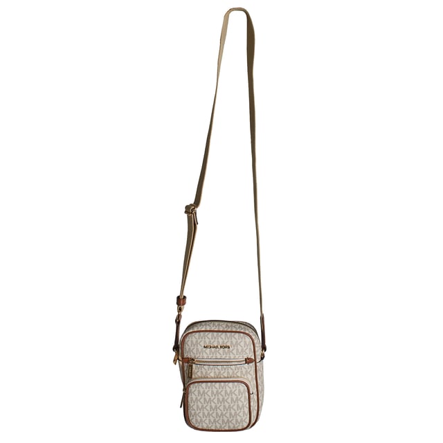 Ideal for travel and city walks, this crossbody bag features our signature logo print and features a convenient canvas strap and multiple pockets to keep your essentials organized and close at hand.\n\n Details:\n - Accessory type: Shoulder bag.\n - Canvas with logo print.\n - Application of the brand name in metal.\n - Hardware: Gold tone.\n - Exterior details: 2 front zipper pockets.\n - Interior details: Open back pocket.\n - Adjustable strap.\n - Closure: Zipper.\n\n Each of Michael Kors' accessories collections features a strong identity, offering a fresh mix of trends, colors, and silhouettes that never go out of style, with urban style and attitude. Each women's shoulder bag designed by Michael Kors is an affordable luxury with a touch of modern, unexpected, and comfortable glamour, offering a piece for every occasion.\n Measures: 14 cm (W) x 19.1 (H) x 5.1 cm (D)\n Composition: 89.4% Coated Canvas, 9.6% Polyester, 1% Polyurethane\n Care:\nClean with a dry or slightly damp cloth.